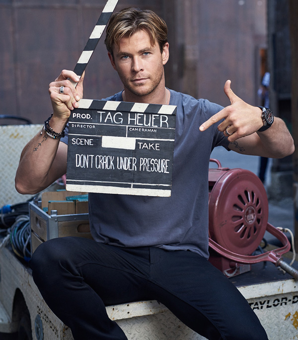 black rubber strap copy TAG heuer Carrera Heuer-01 and Chris Hemsworth